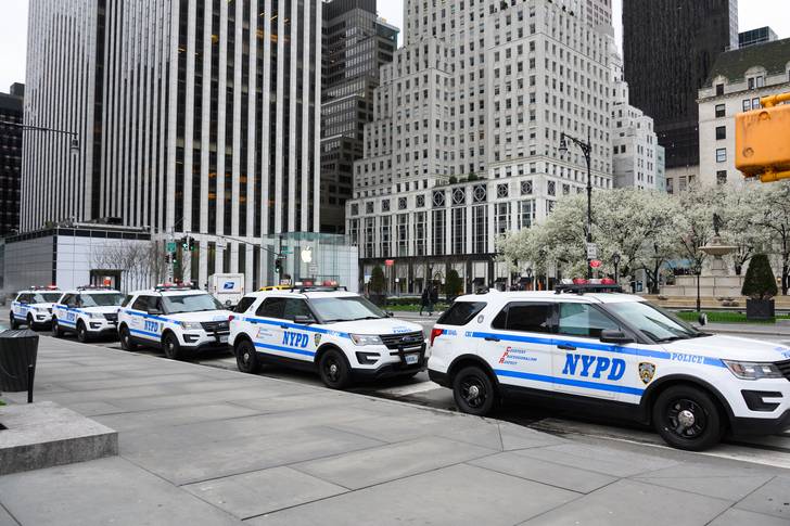 A view of NYPD police cars on Fifth Avenue in March 2020.
